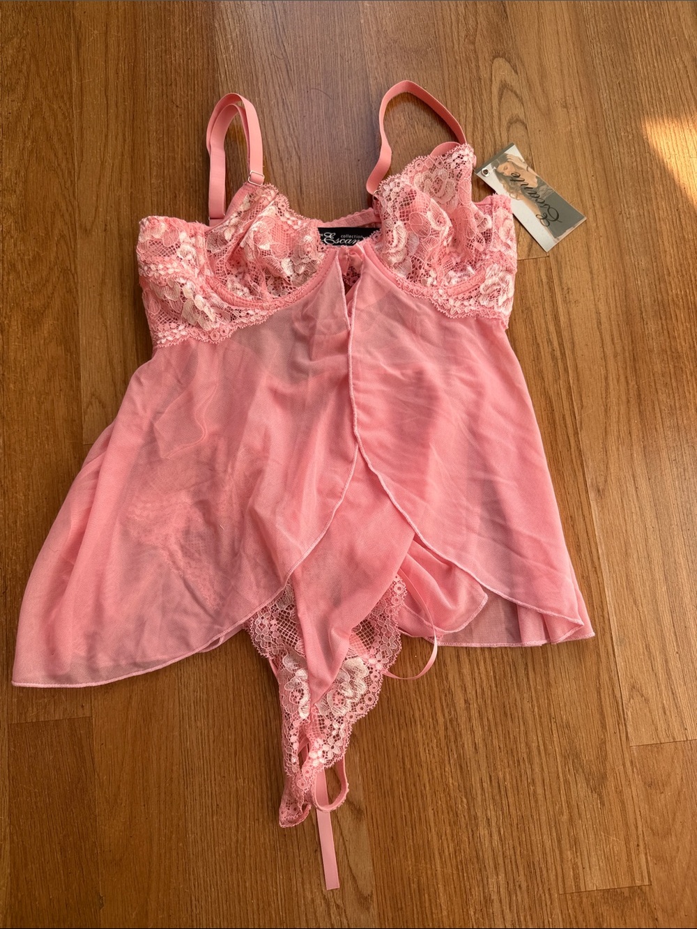 Sheer Pink Lace Babydoll Chemise with Floral Cups